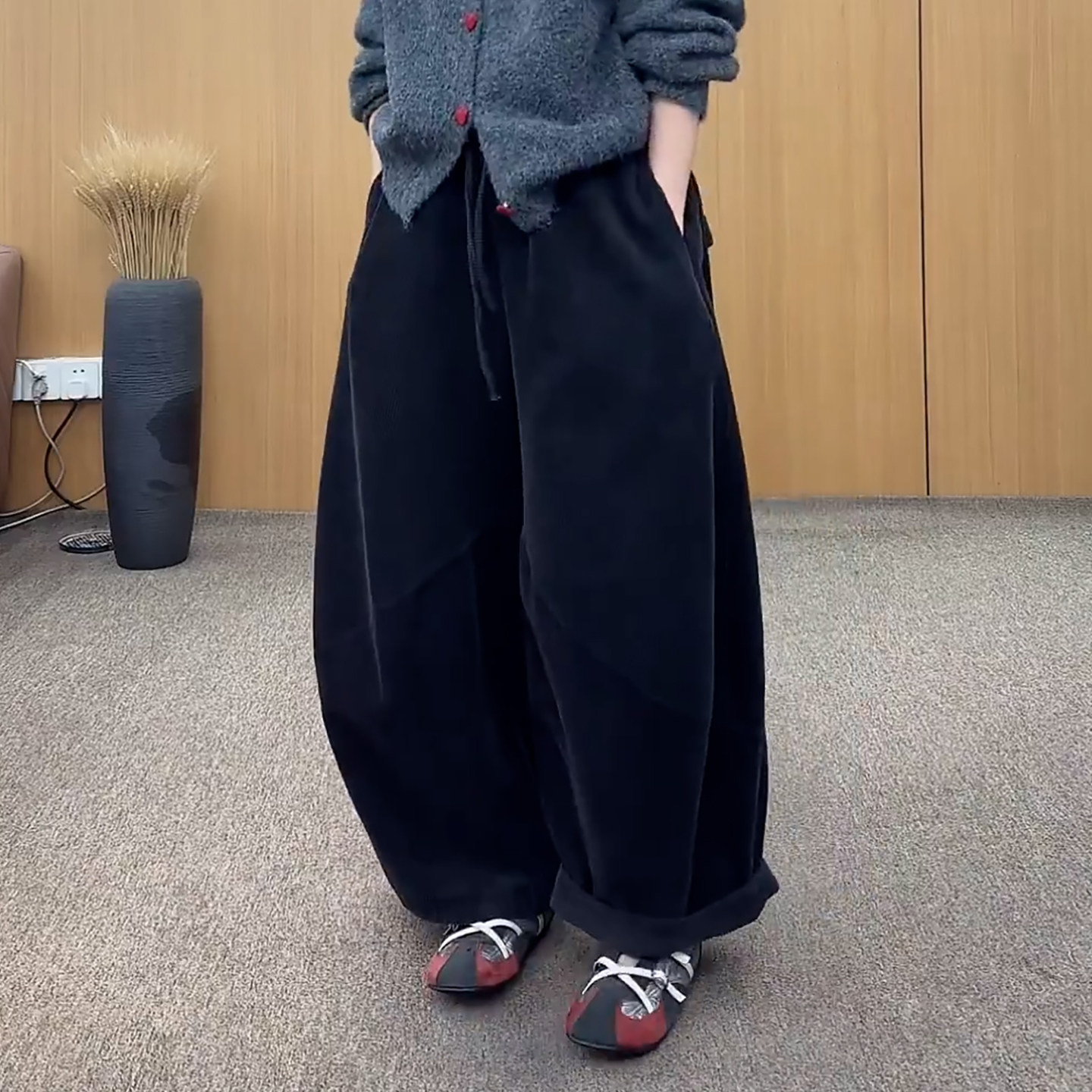 Ader宽松藏胯显瘦花苞裤女2026秋季新款慵懒风高腰抽绳阔腿休闲裤