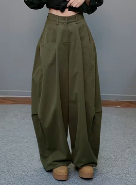 Ader韩版潮流宽松阔腿弯刀裤女2026春季新款军绿色高腰百搭休闲裤