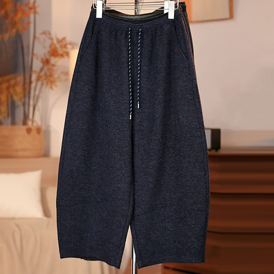 松紧腰抽绳毛呢九分休闲弯刀裤女