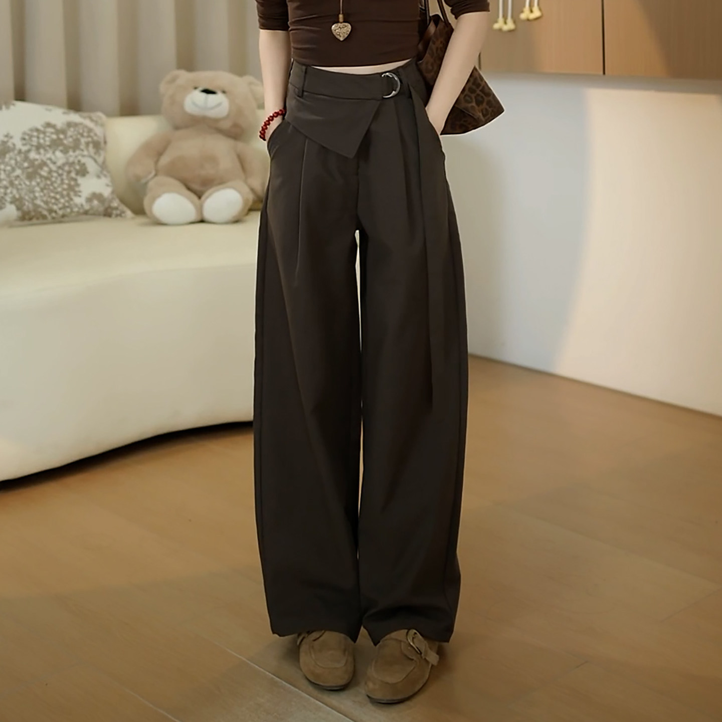 Ader设计感高腰遮肚显瘦阔腿裤女2026秋季新款潮流百搭个性休闲裤