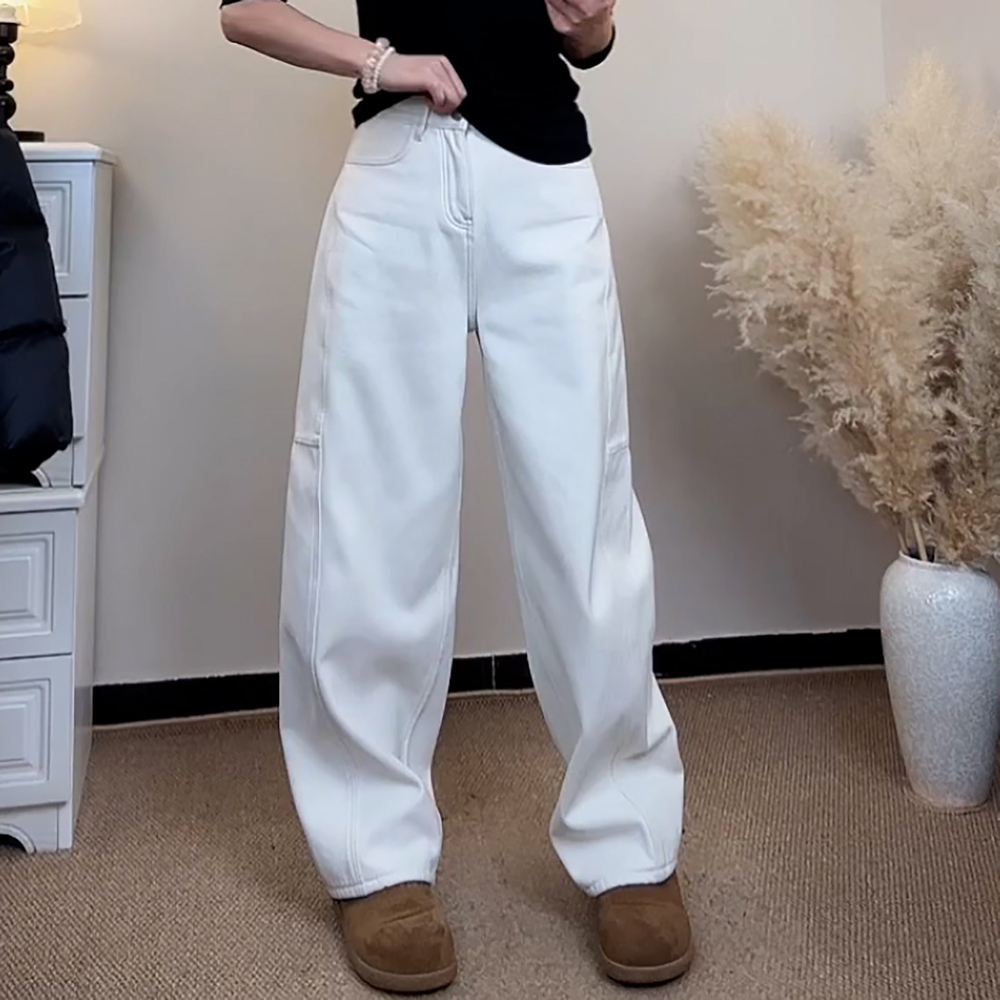 Ader白色牛仔裤女2026春季新款简约通勤百搭高腰显瘦直筒弯刀裤,女装/女士精品,大码裤装,淘宝优惠券,粉丝福利购,淘宝优惠卷