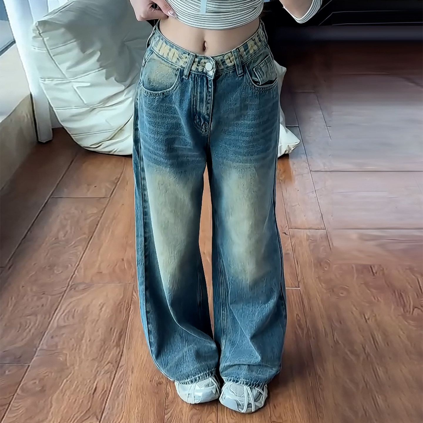 Ader美式复古做旧水洗牛仔裤女2026秋季款小众高腰潮流百搭阔腿裤