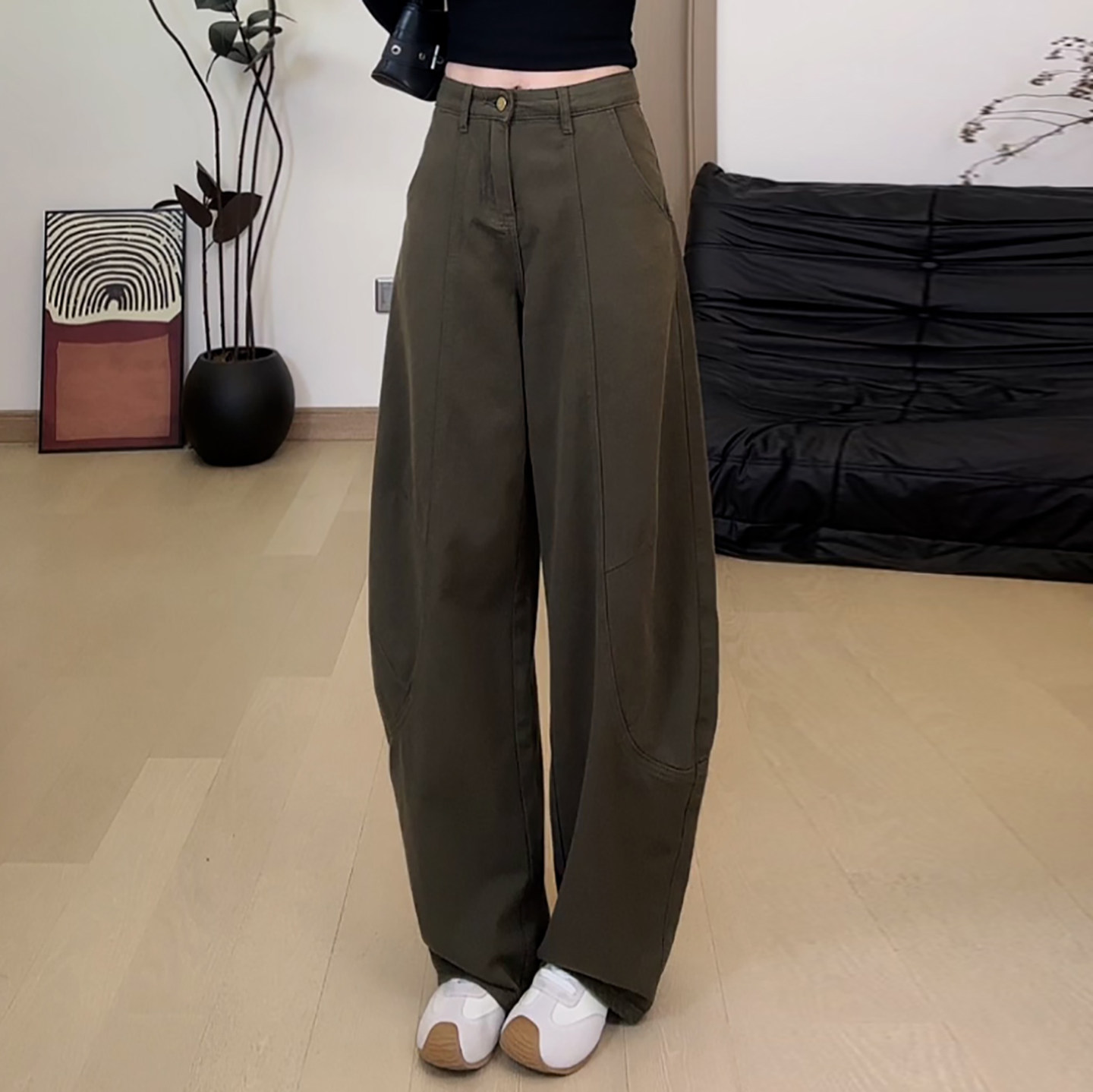 美式复古加绒加厚阔腿弯刀休闲裤