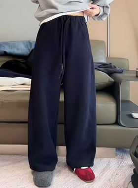Ader藏蓝色加绒加厚弯刀卫裤女2025冬季新时尚百搭阔腿保暖休闲裤