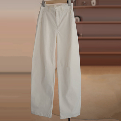 时尚气质米杏色高腰窄版弯刀裤女