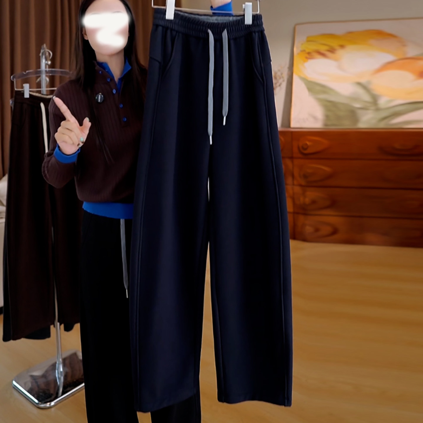 藏青色加绒加厚百搭显瘦休闲卫裤