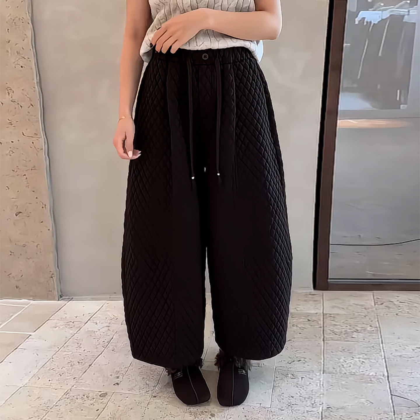 Ader黑色高腰抽绳九分弯刀卫裤女2026秋冬新款宽松慵懒风休闲裤子