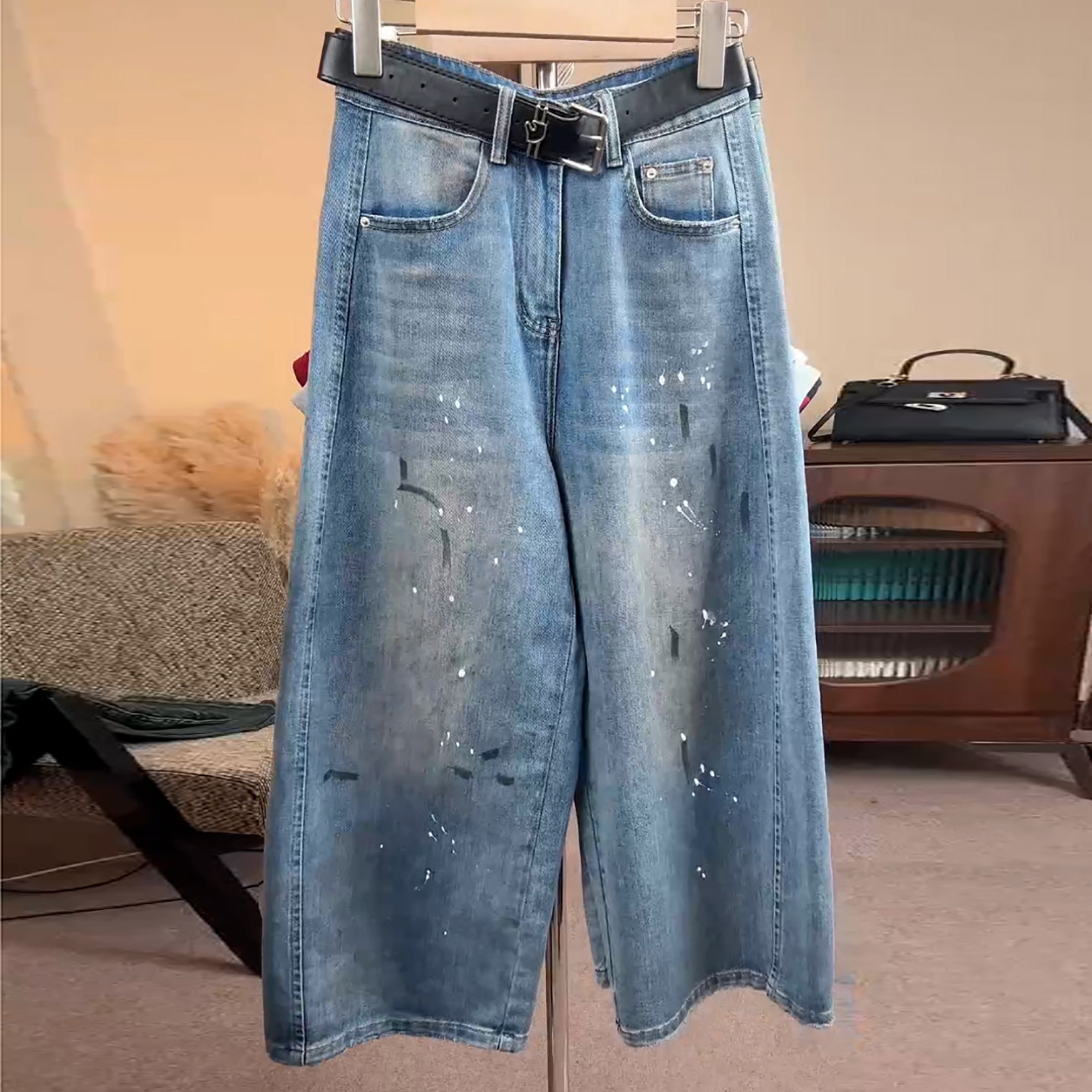 Ader复古个性涂鸦九分牛仔裤女2026夏季新款阔腿百搭显瘦镰刀裤