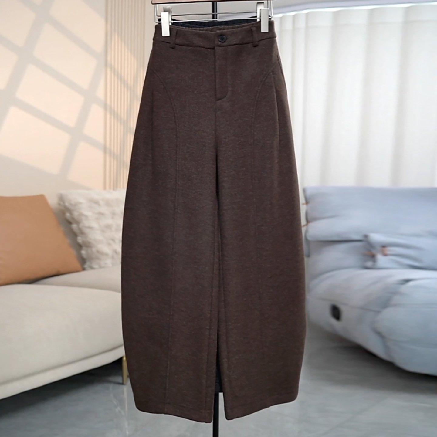 简约舒适百搭加绒加厚毛呢弯刀裤
