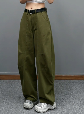 Ader军绿色宽松阔腿弯刀裤女2025夏季新款时尚百搭显瘦直筒休闲裤