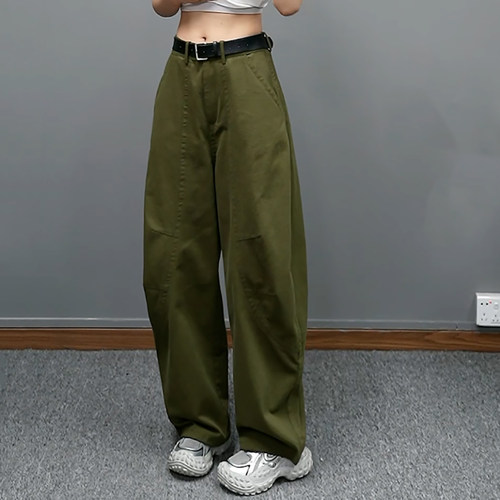 军绿色时尚百搭宽松阔腿弯刀裤女