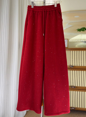 Ader红色加绒加厚撒银弯刀裤2025冬季新款松紧腰抽绳阔腿垂感卫裤