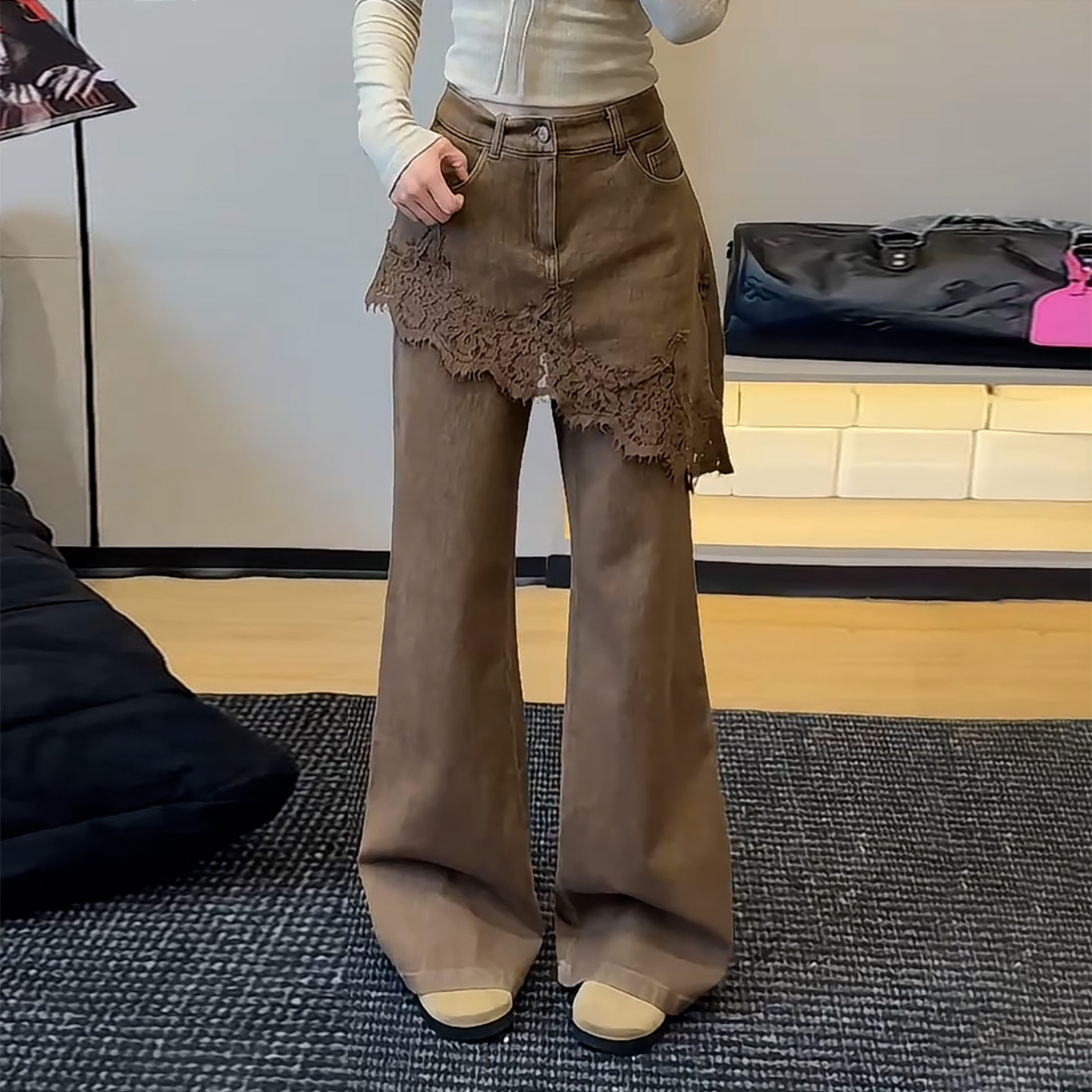 Ader设计感蕾丝屁帘微喇裤女2026秋冬新款修身显瘦个性阔腿拖地裤
