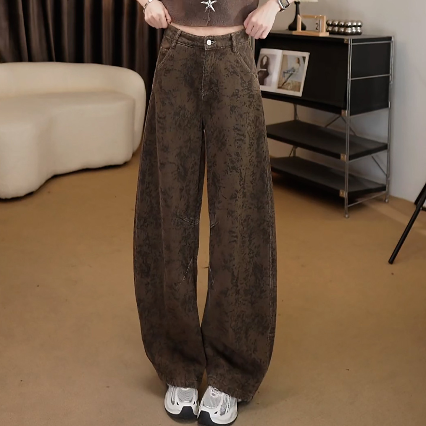 Ader美式复古提花牛仔裤女2026春季新款辣妹风百搭显瘦阔腿弯刀裤,女装/女士精品,大码裤装,淘宝优惠券,粉丝福利购,淘宝优惠卷