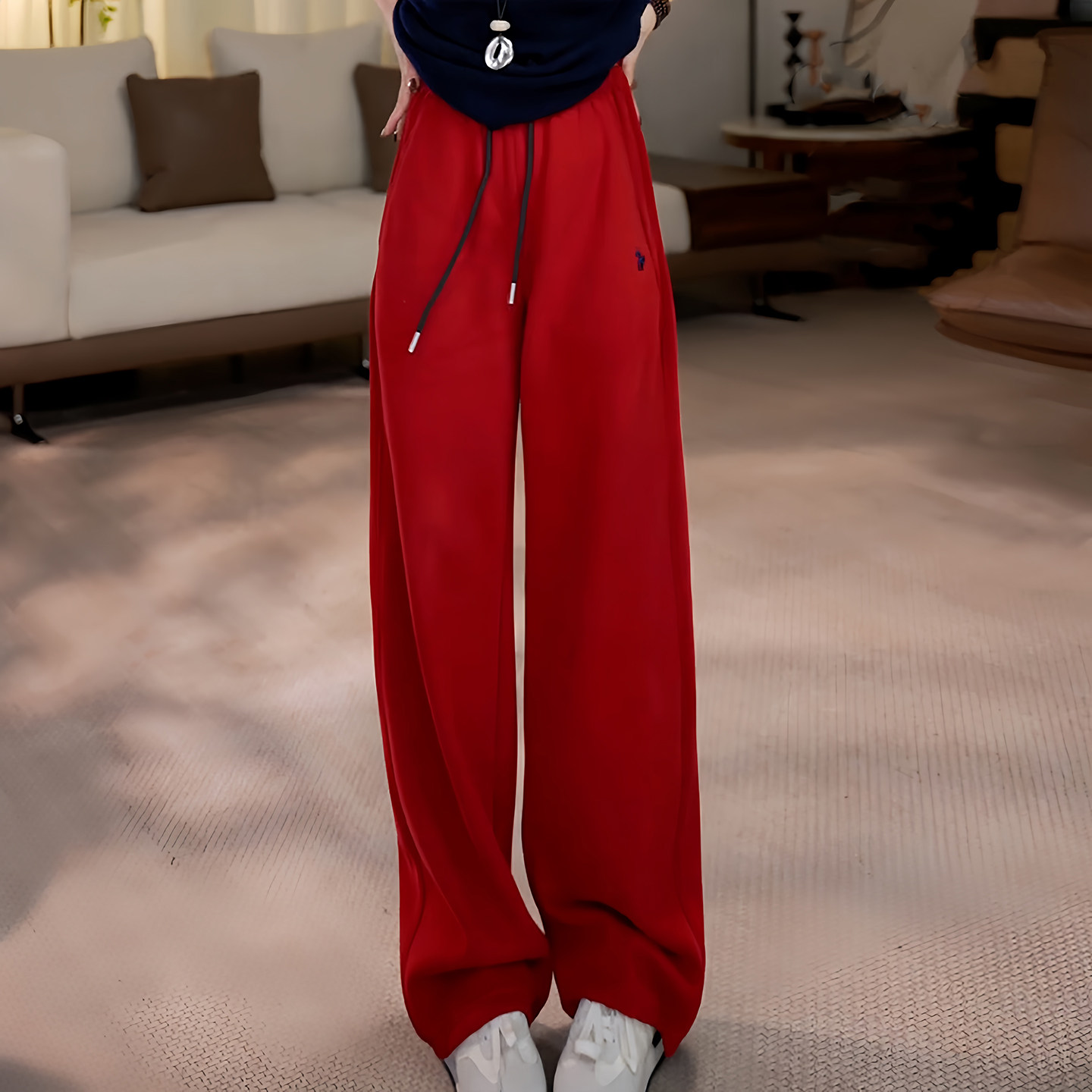 Ader红色松紧腰抽绳加绒加厚休闲裤2025冬季新款简约刺绣垂感卫裤,女装/女士精品,大码裤装,淘宝优惠券,粉丝福利购,淘宝优惠卷