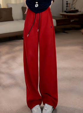 Ader红色松紧腰抽绳加绒加厚休闲裤2025冬季新款简约刺绣垂感卫裤