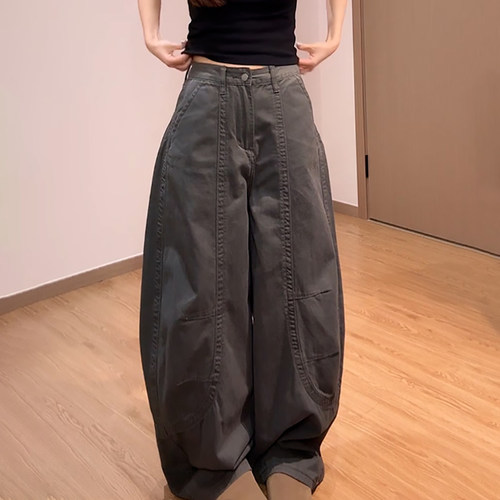 时尚百搭深灰色阔腿休闲弯刀裤女