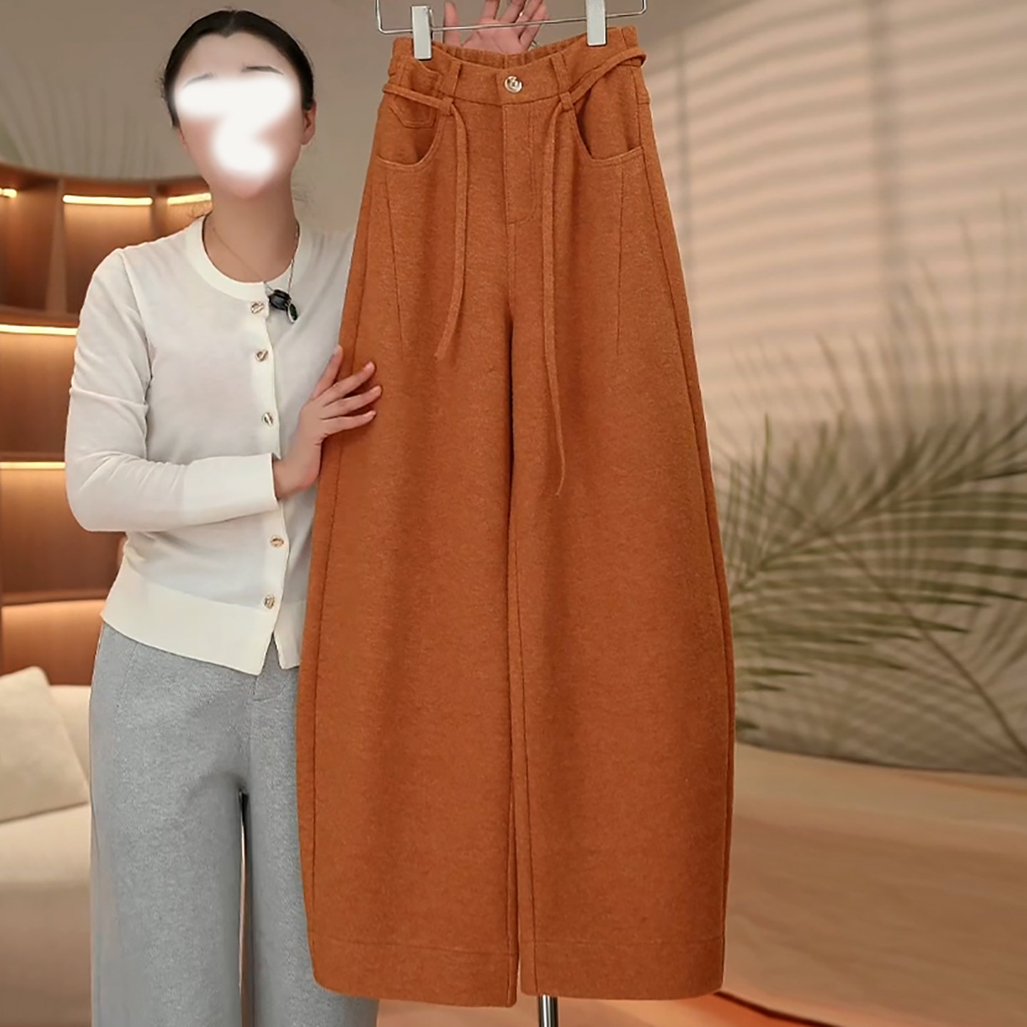 加厚保暖宽松绵羊毛阔腿弯刀裤