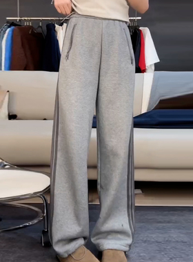 Ader灰色休闲卫裤女2026春季新款宽微弹松侧边条纹运动百搭直筒裤