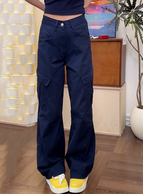 Ader藏蓝色工装裤女2025秋季新款时尚高腰宽松直筒大口袋休闲裤子