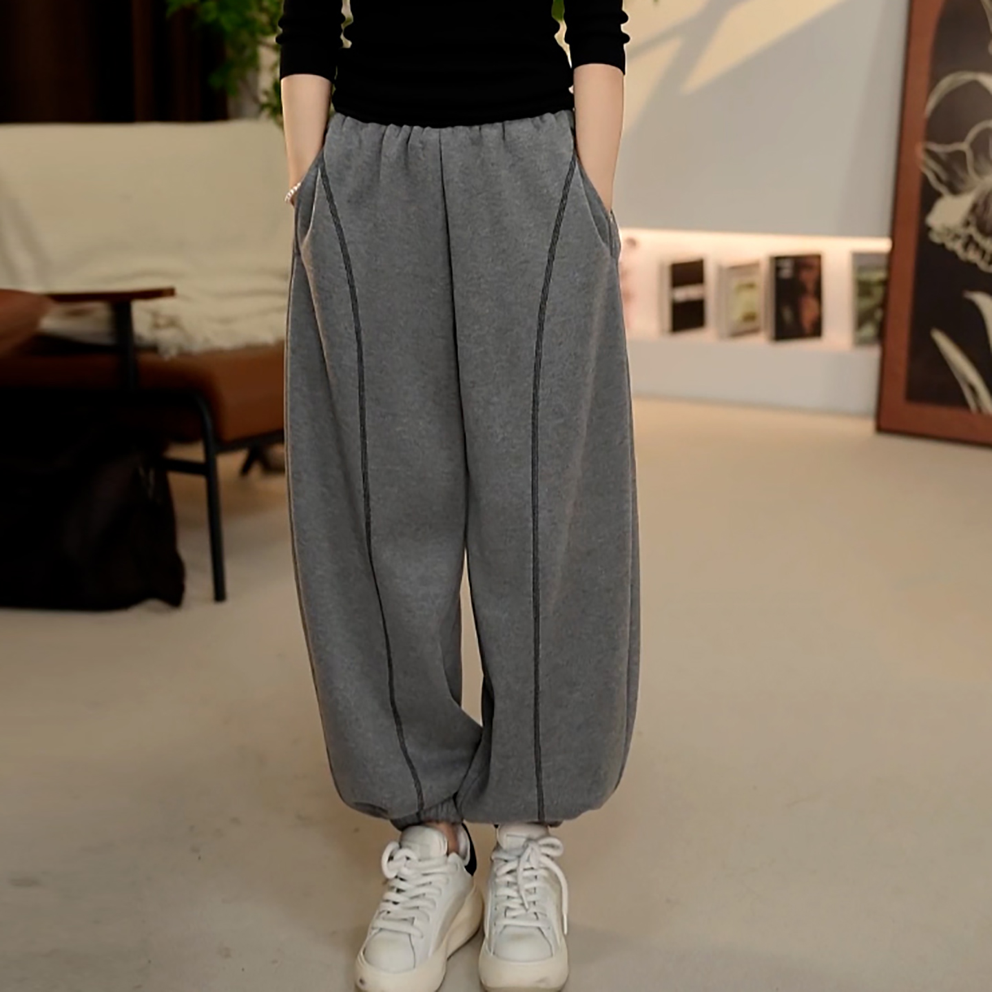 灰色加绒加厚运动束脚休闲卫裤