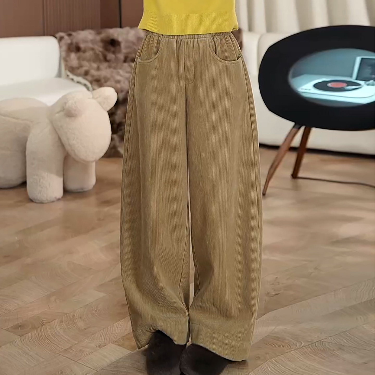 Ader卡其色加绒灯芯绒休闲裤女2025冬季新款阔腿百搭显瘦弯刀裤,女装/女士精品,大码裤装,淘宝优惠券,粉丝福利购,淘宝优惠卷