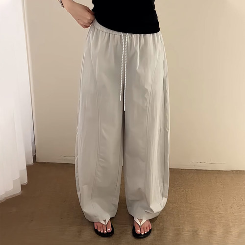 韩系极简风宽松弯刀抽绳阔腿长裤