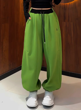 Ader绿色加绒加厚运动束脚卫裤女2025冬季新款撞色腰头抽绳休闲裤
