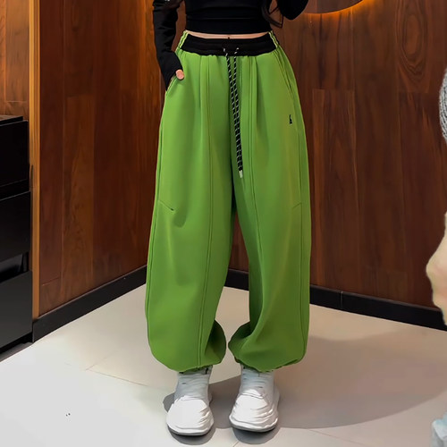 绿色加绒加厚运动束脚休闲卫裤