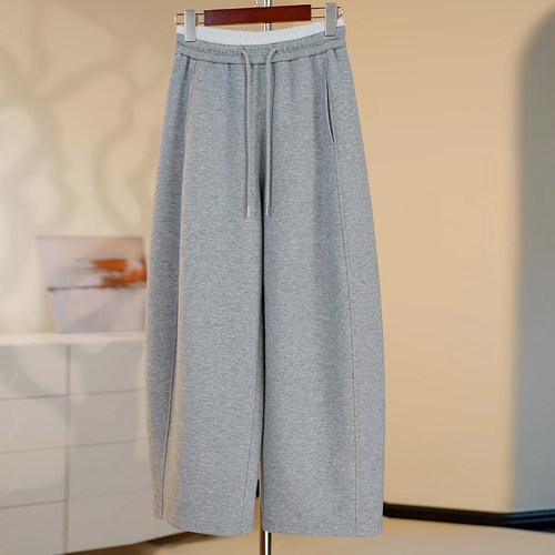 运动阔腿撞色腰头抽绳加绒卫裤