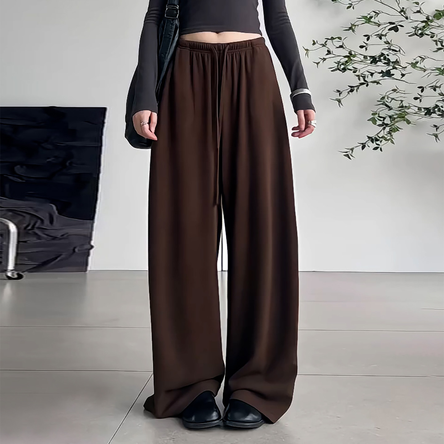 Ader舒适慵懒风松紧腰抽绳休闲裤女2026秋季新款随性百搭阔腿长裤