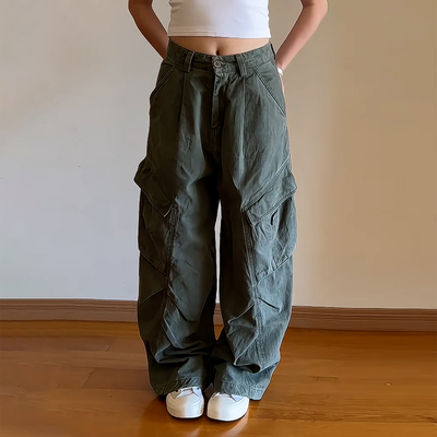 美式潮酷风高腰显瘦阔腿工装裤女