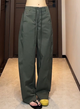 Ader军绿色抽绳弯刀休闲裤女2025年早秋新款时尚百搭宽松显瘦长裤