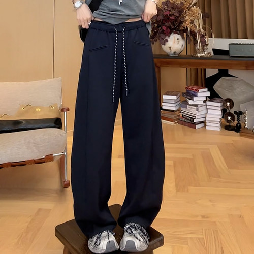 松紧腰抽绳宽松阔腿弯刀休闲裤女