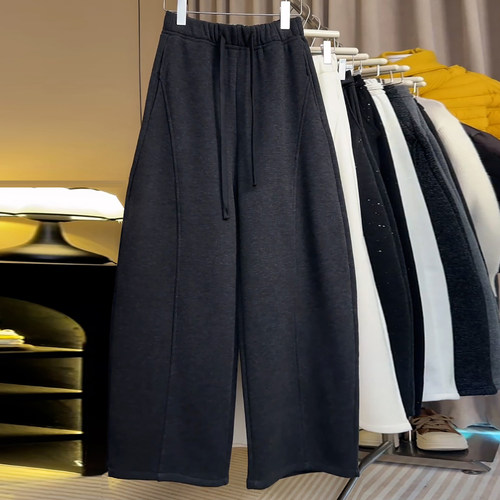 黑灰色加绒加厚毛呢弯刀休闲裤