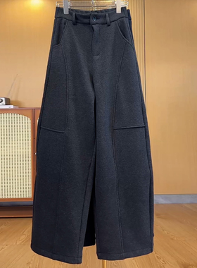 Ader灰色毛呢加绒加厚弯刀裤女2025冬季新款百搭显瘦保暖休闲裤子