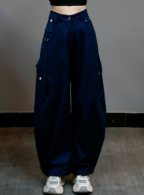 Ader藏蓝色工装裤女2025秋季新款高腰宽松时尚潮流阔腿弯刀休闲裤