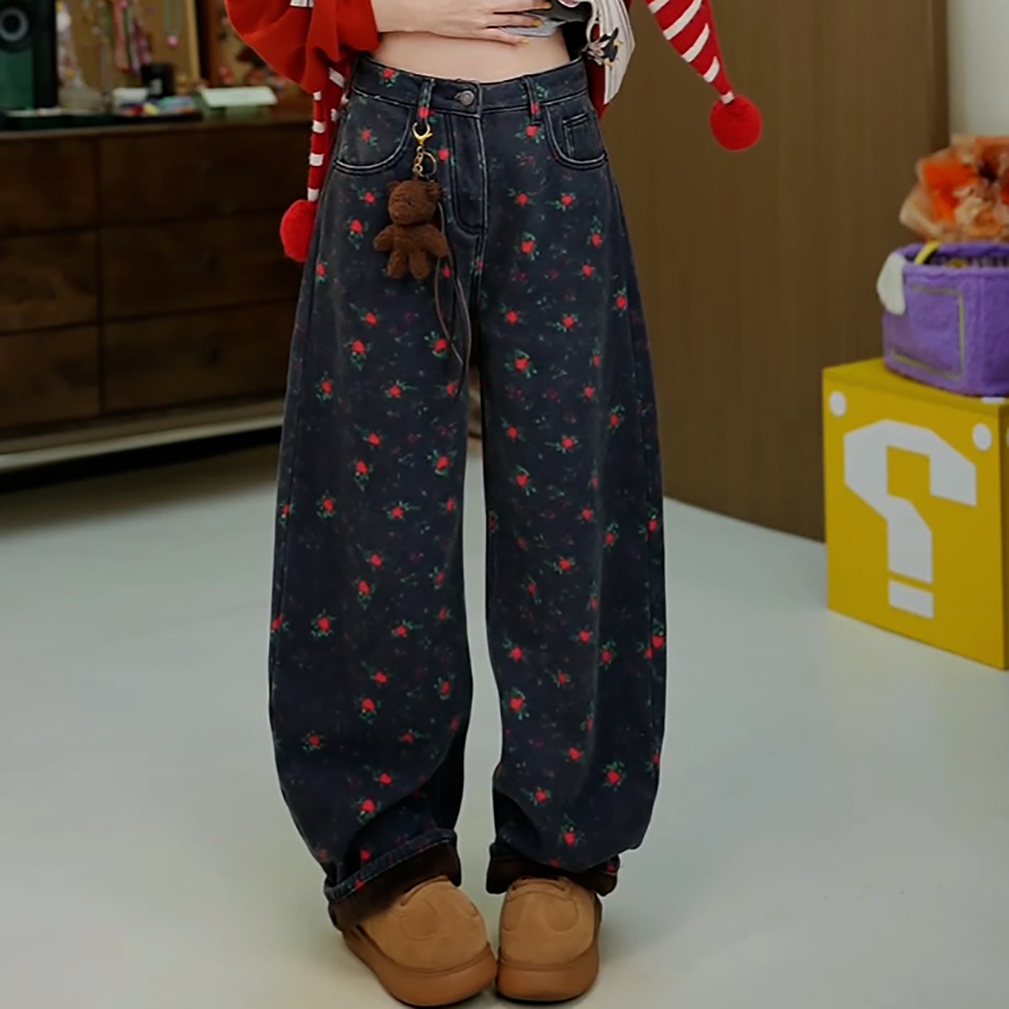 复古印花加绒加厚百搭显瘦牛仔裤