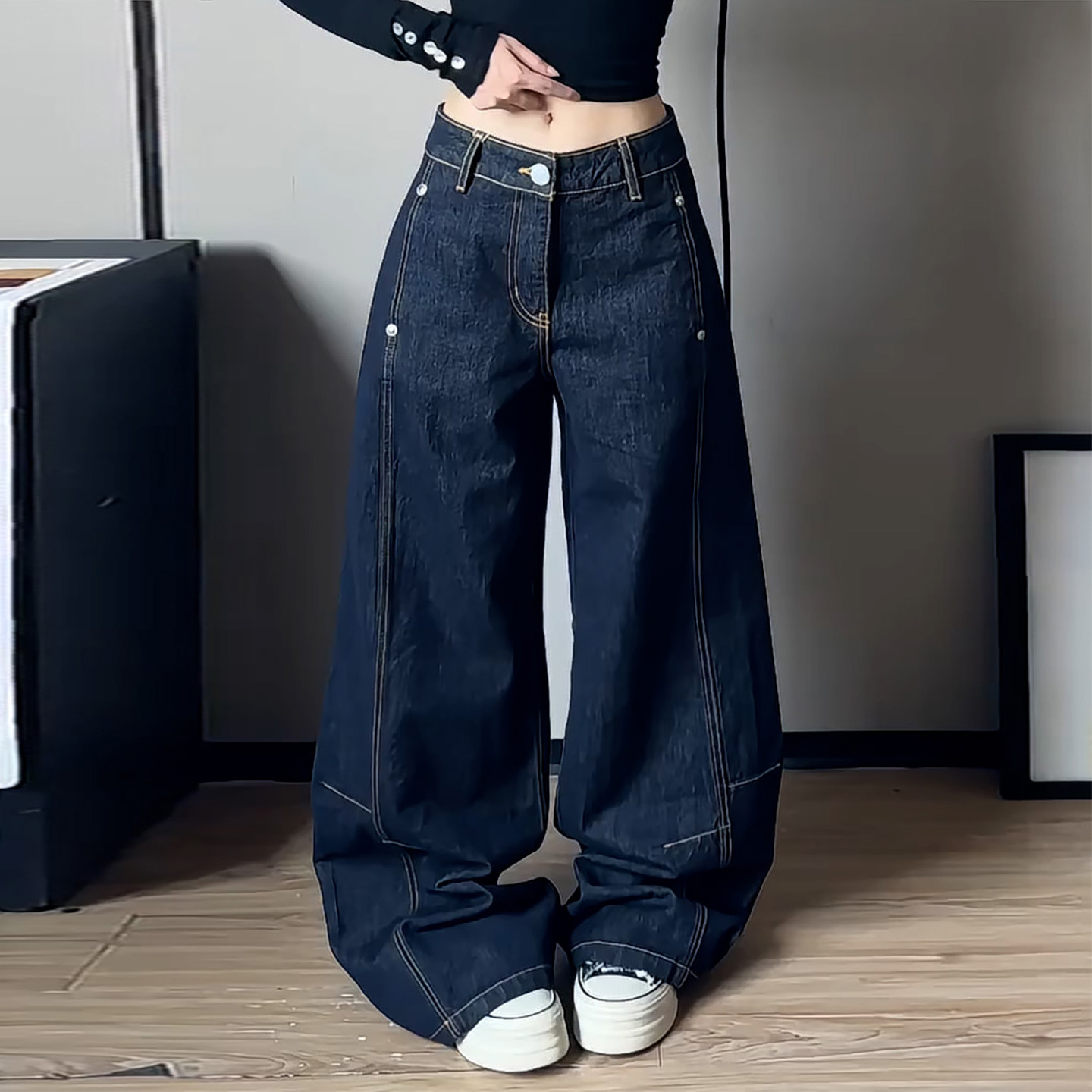 Ader简约百搭复古深蓝牛仔裤女2026秋季新款个性松弛阔腿拖地长裤