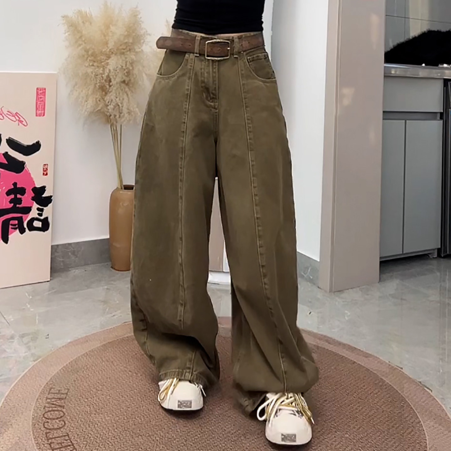 Ader美式复古阔腿弯刀裤2026春季新款高腰宽松百搭遮胯显瘦牛仔裤,女装/女士精品,大码裤装,淘宝优惠券,粉丝福利购,淘宝优惠卷