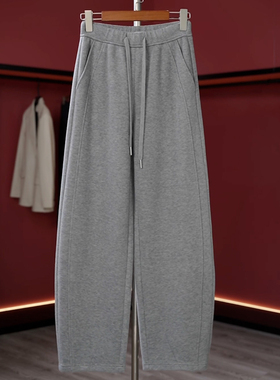 Ader灰色加绒弯刀卫裤女2025秋冬新款松紧腰抽绳气质显瘦阔腿裤子