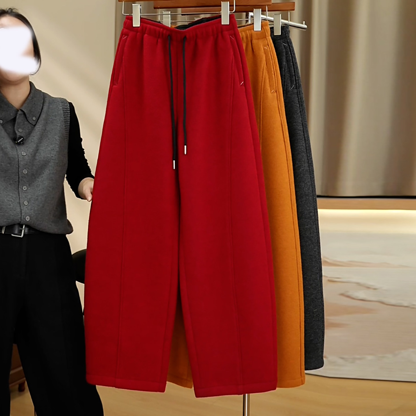 加绒加厚百搭显瘦羊绒休闲弯刀裤