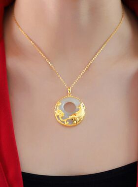 玉坠女吊坠999足金金镶玉和田玉石鲤鱼黄金项链纯金莲花挂坠男女