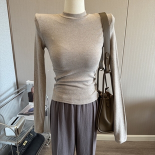 GAO品质~基础款磨毛垫肩上衣紧身长袖T恤女圆领螺纹打底衫内搭新