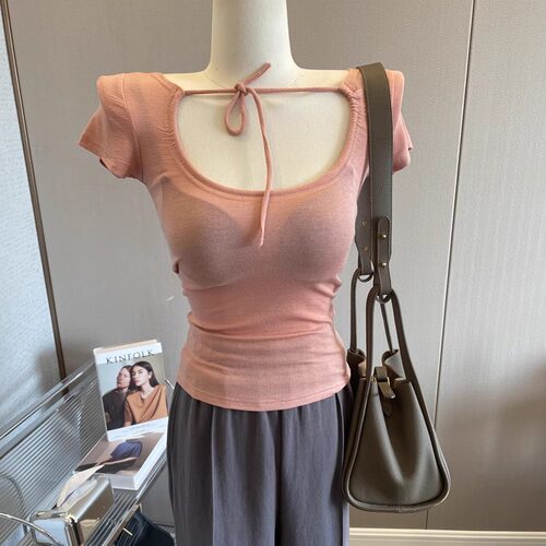 纯欲短袖系带上衣女紧身打底上衣