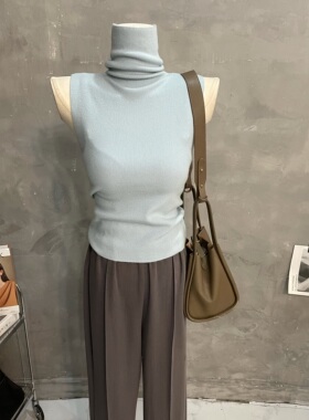 强推！简约堆堆领高领打底衫女黑色修身无袖针织背心纯色内搭上衣