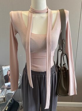 纯欲性感长袖T恤女修身飘带上衣