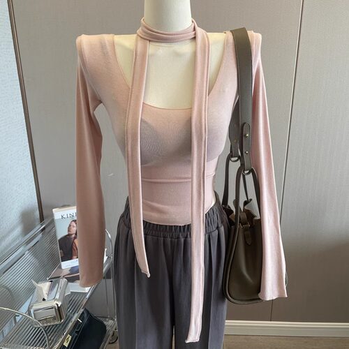 纯欲性感长袖T恤女修身飘带上衣