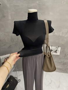 性感微透～韩式薄款高领打底衫女短袖T恤纯色紧身内搭上衣2024夏