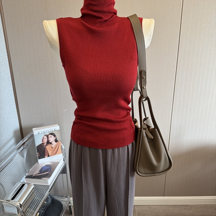 堆堆领高领打底衫女黑色修身无袖